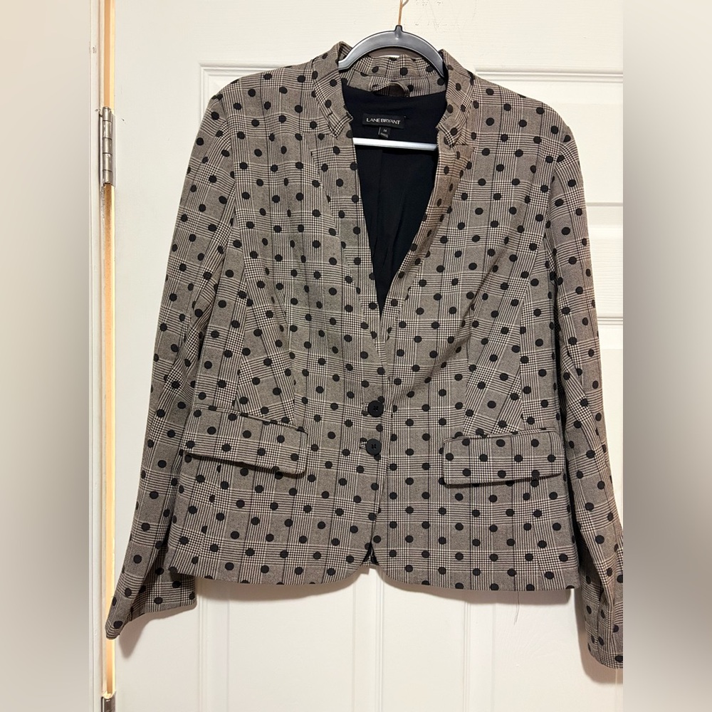 LANE BRYANT Gray and Black Checkered Polka Dot Blazer